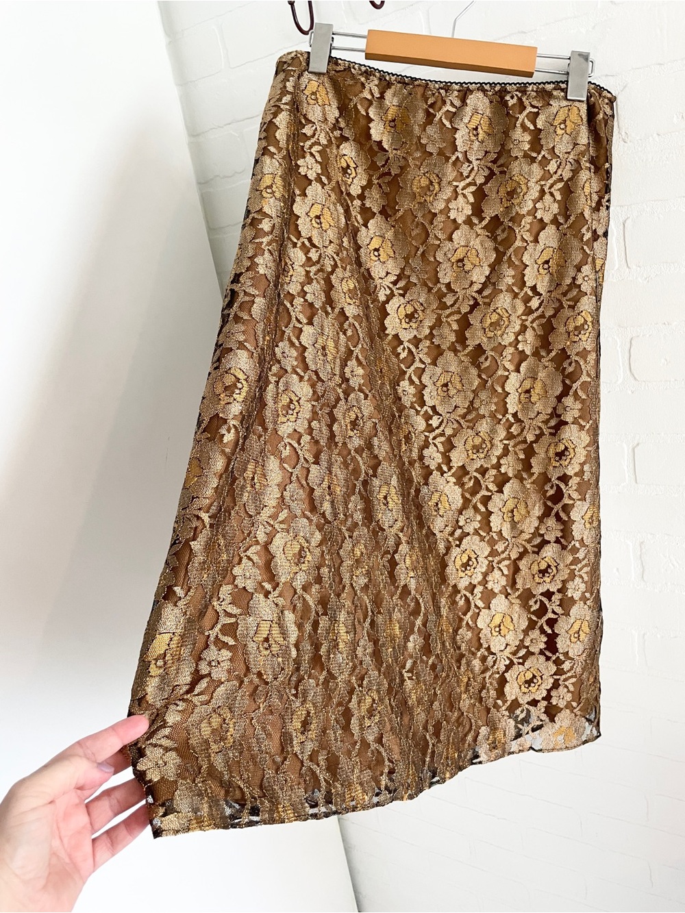 Vintage Y2K Metallic Rose Lace Midi Skirt Romantic Statement Sz L - Picture 12 of 15